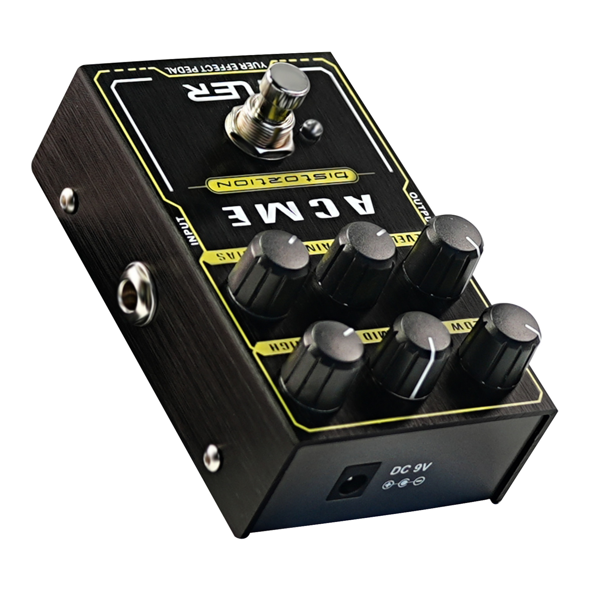 Gitarreneffektpedal, Verzerrerpedal, Metallgehäuse, schwarz-gelb, Drehregler